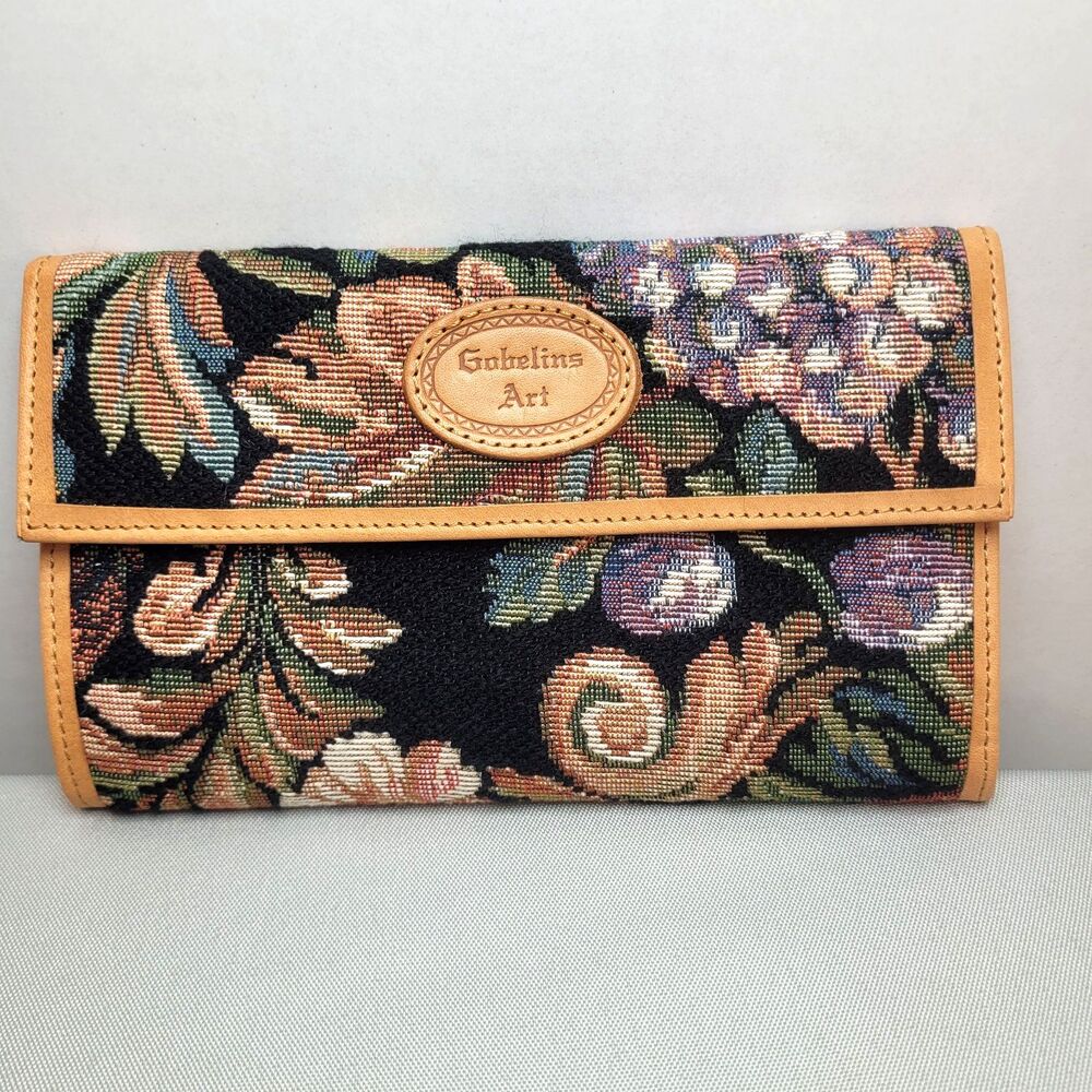 Gobelins Art Tapestry Leather Floral Tri-Fold Wallet Vintage Style NWOT READ